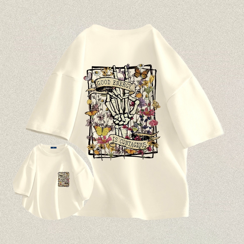 RENELLE Baju Kaos Oversize Pria | Gambar tangan tengkorak Bunga liar Kupu-kupu Serangga kecil | Kaos