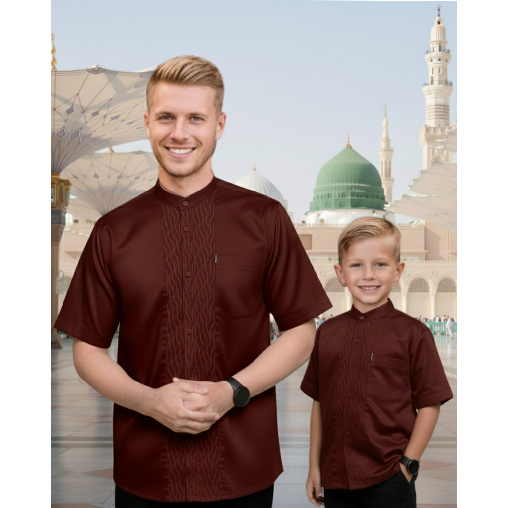 Baju Koko Couple Ayah Dan Anak Lengan Pendek Motif Embos Bahan Kain Toyobo