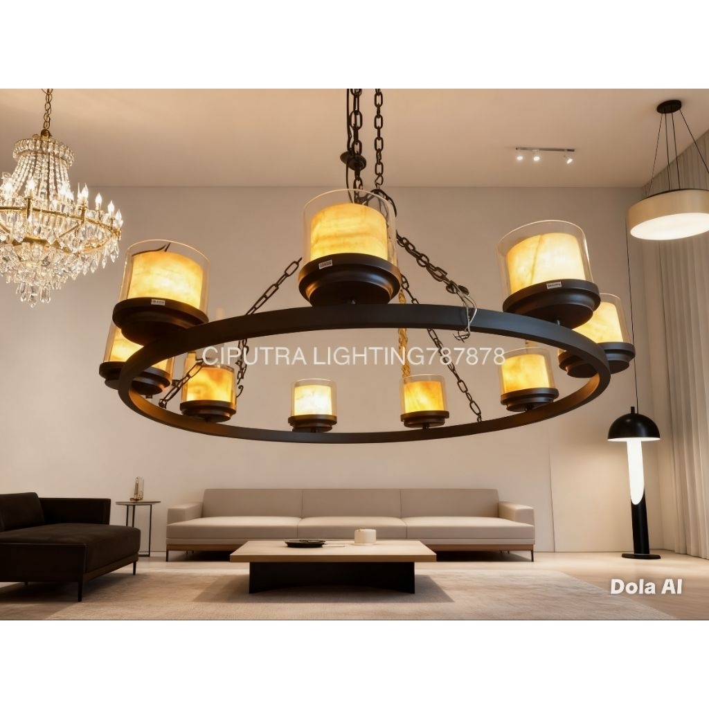 Lampu Gantung Hias Minimalis Modern Batu Onyx Ruang Tamu Meja Makan Diameter 110 Cm Mewah
