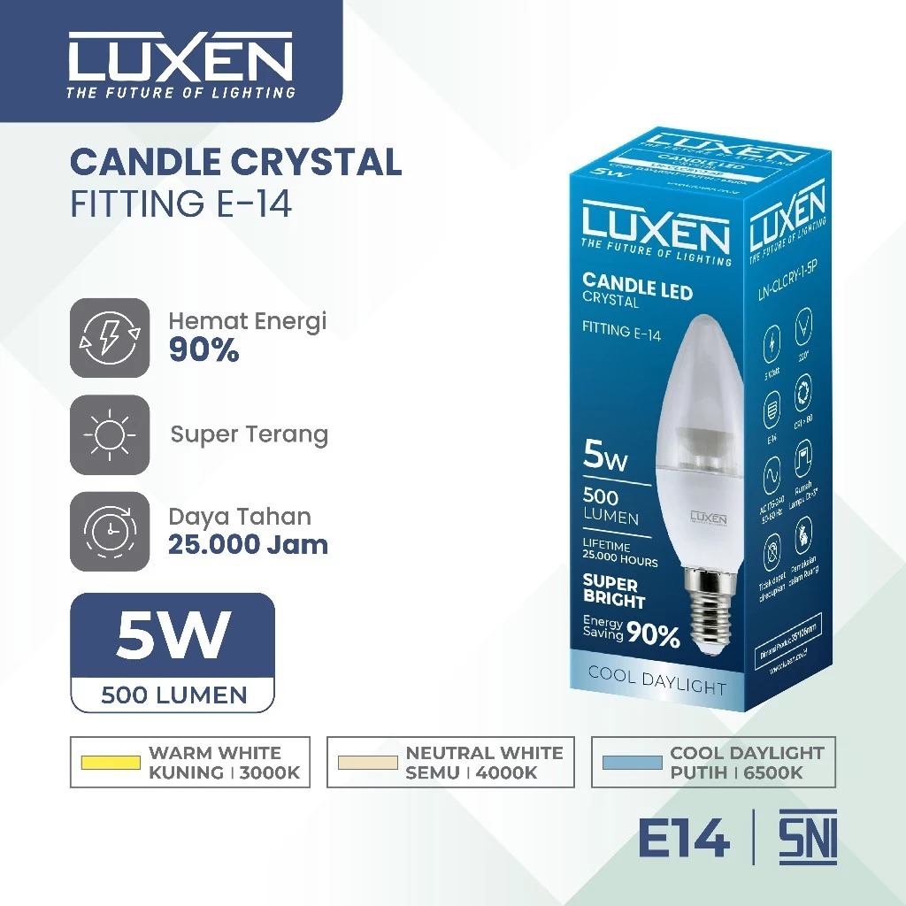 LUXEN LAMPU LED CANDLE CRYSTAL 5 Watt Fitting E14 Cahaya Putih dan Kuning