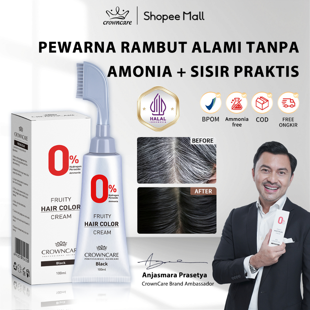 CrownCare Pewarna Rambut Alami Tanpa Amonia 100ml, Cat Rambut Herbal Bersertifikat BPOM, Aroma Buah 