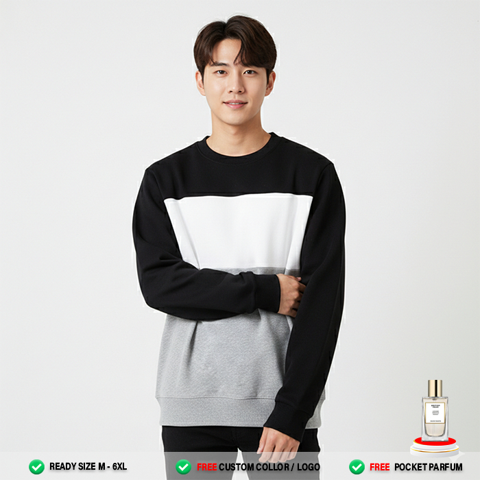 Sweater Pria Wanita ( HITAM PUTIH ABU TUA ) Stripe Crewneck | Sweater Polos Casual Lengan Panjang Pr