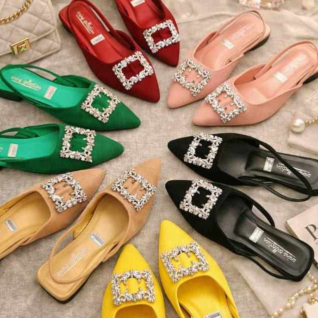 Gomen Store Sepatu Heel Mules Wanita Bahan Bludru Hak 3cm Empuk Dan Nyaman Di Pakai Tali Belakang Ka