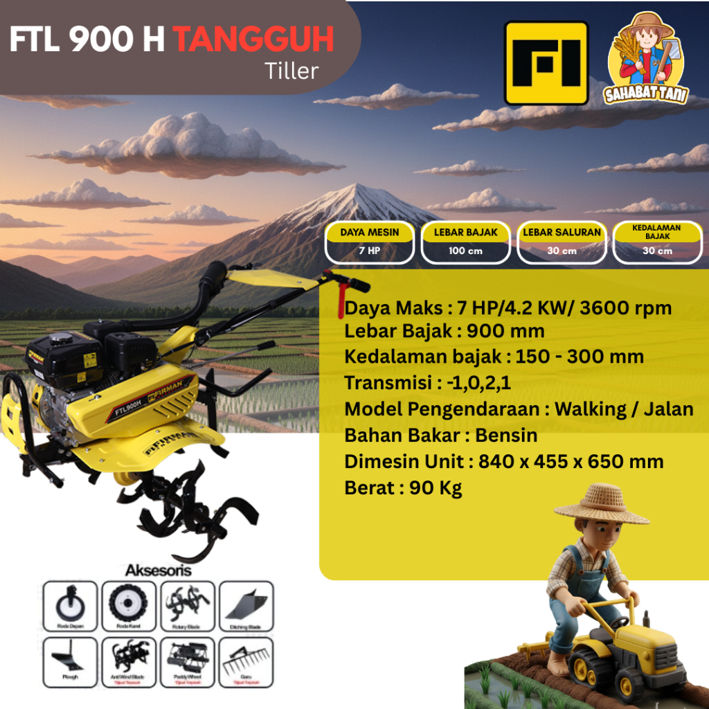 Mesin Bajak Tanah Mini Tiller Cultivator FIRMAN FTL900H Tangguh Traktor Mini