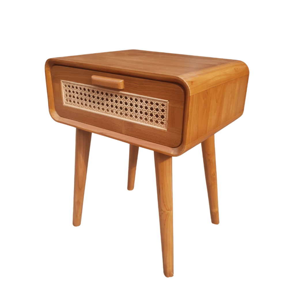 Nakas Meja Samping 1 Laci Rotan Kayu Jati Asli Jepara