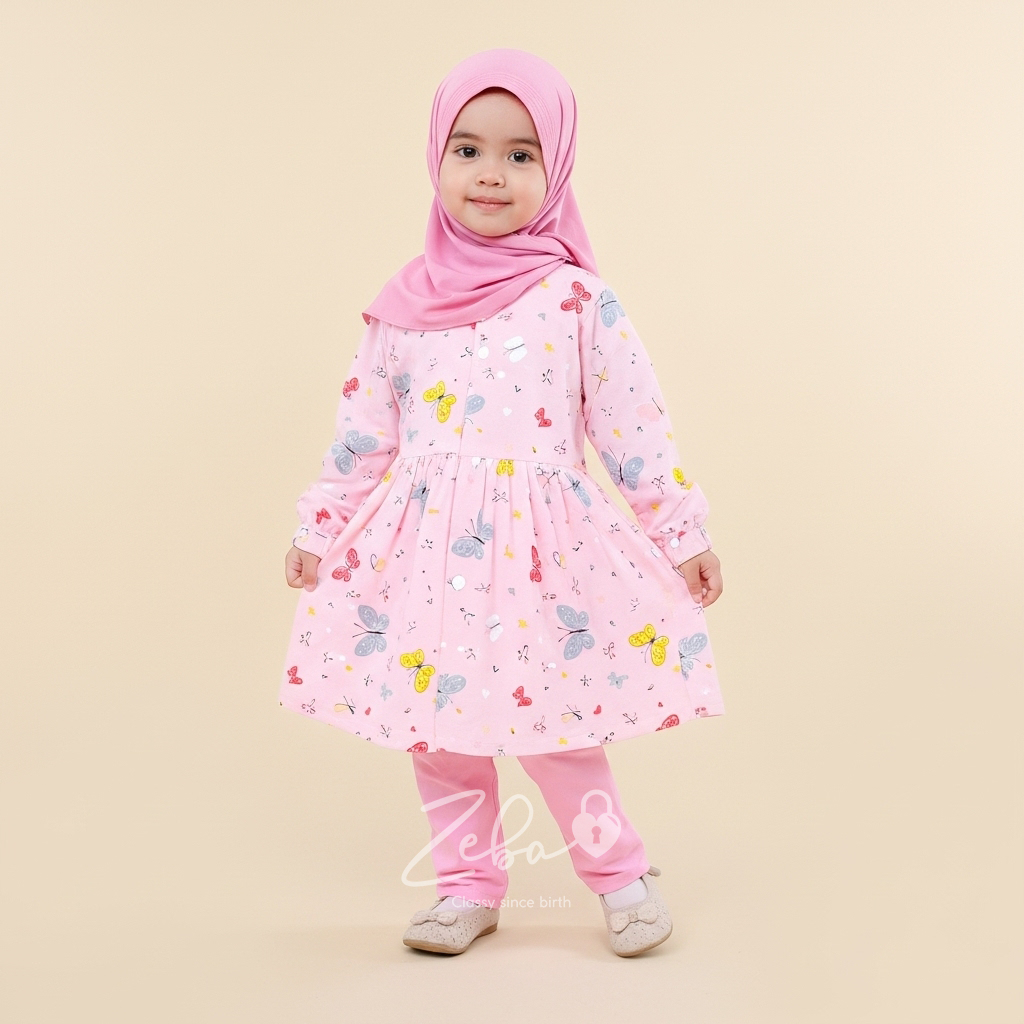 Zeba Setelan Muslim Anak Perempuan Katun | Baju Tunik Dress Muslim Anak + Hijab + Celana | Usia 1–6 