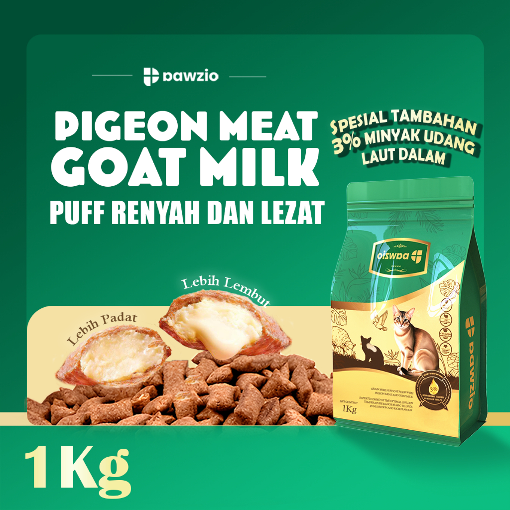 PAWZIO Grain Free Puff Cat Food 1kg – Pigeon Meat & Goat Milk  Makanan kucing grain free tinggi prot