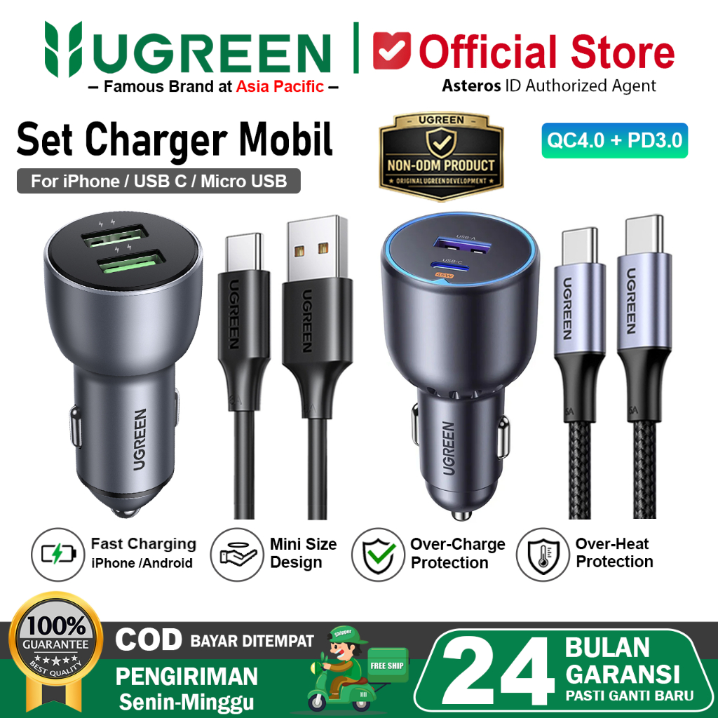 UGREEN Charger Mobil Fast Charging + Kabel iPhone Type C Micro USB 36W-130W