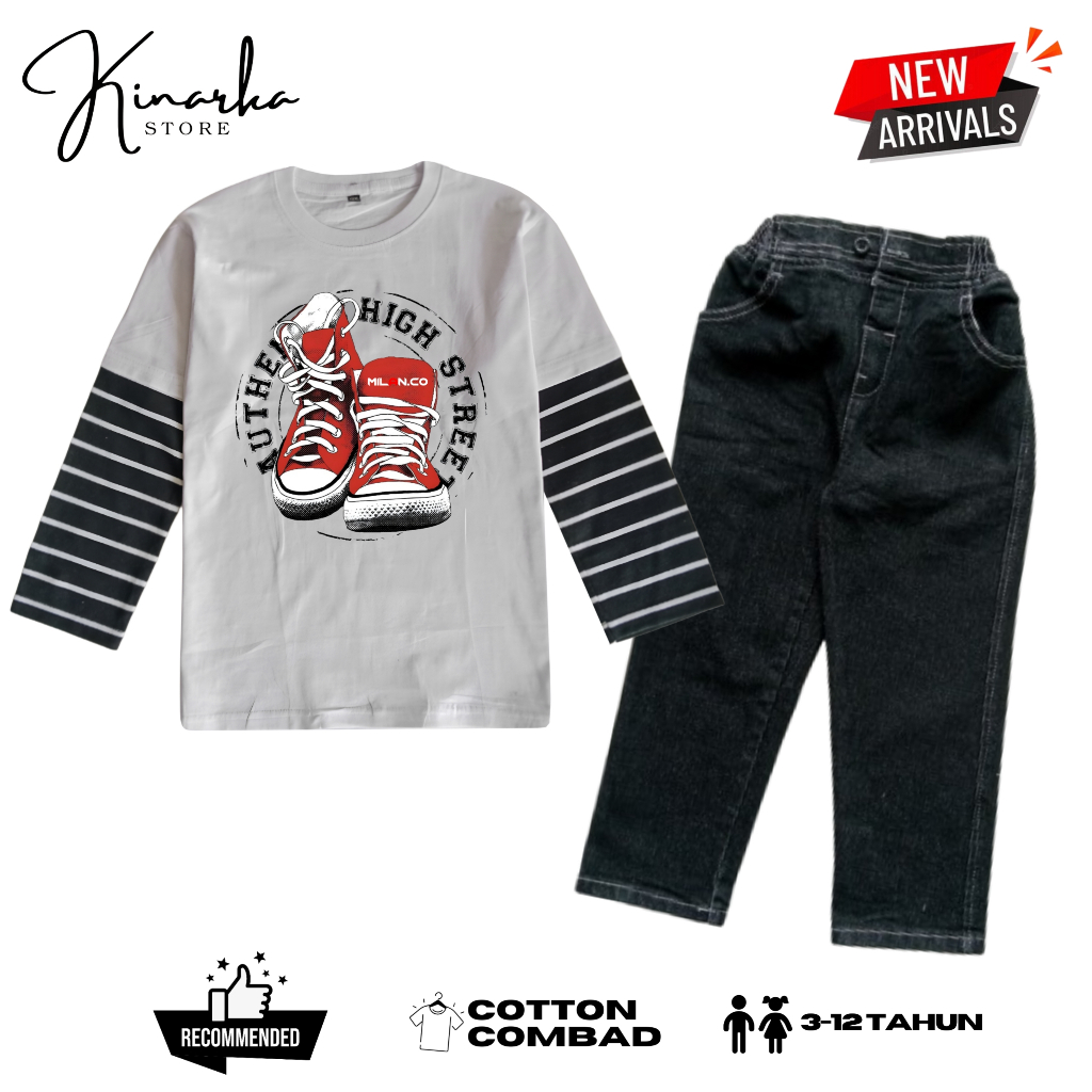KINARKA KIDS STORE Setelan Baju Anak Lengan Panjang Salur Kombinasi Dan Celana Denim panjang Hitam S