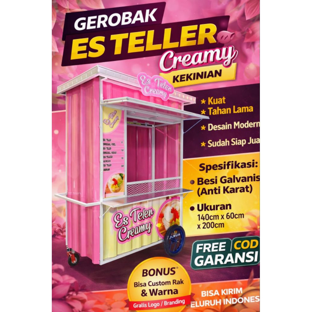 Gerobak Es Teller Creamy Kekinian | Besi Galvanis Anti Karat | Siap Jualan | Bisa Custom