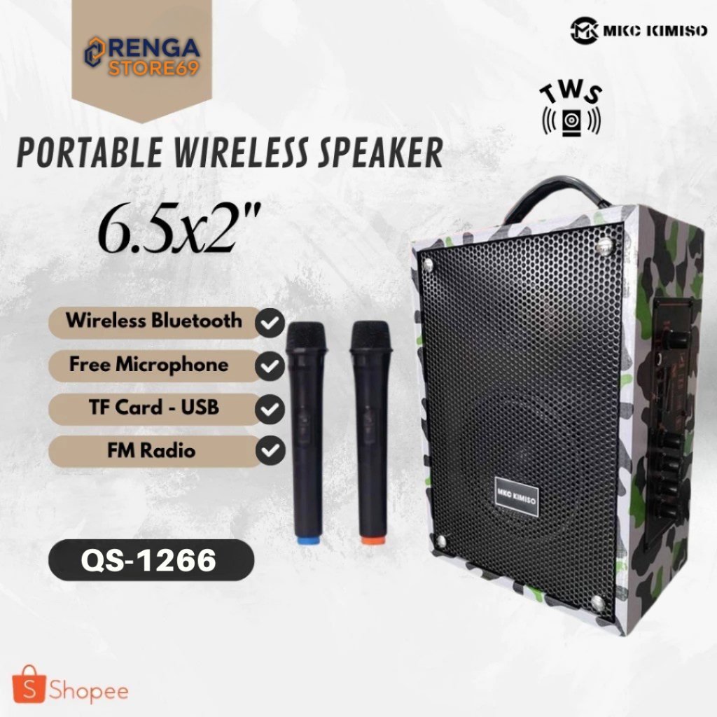 MKC KIMISO Speaker Bluetooth QS 1266 Baru 2 Mic Wireless 2000W 4000mAh Kayu