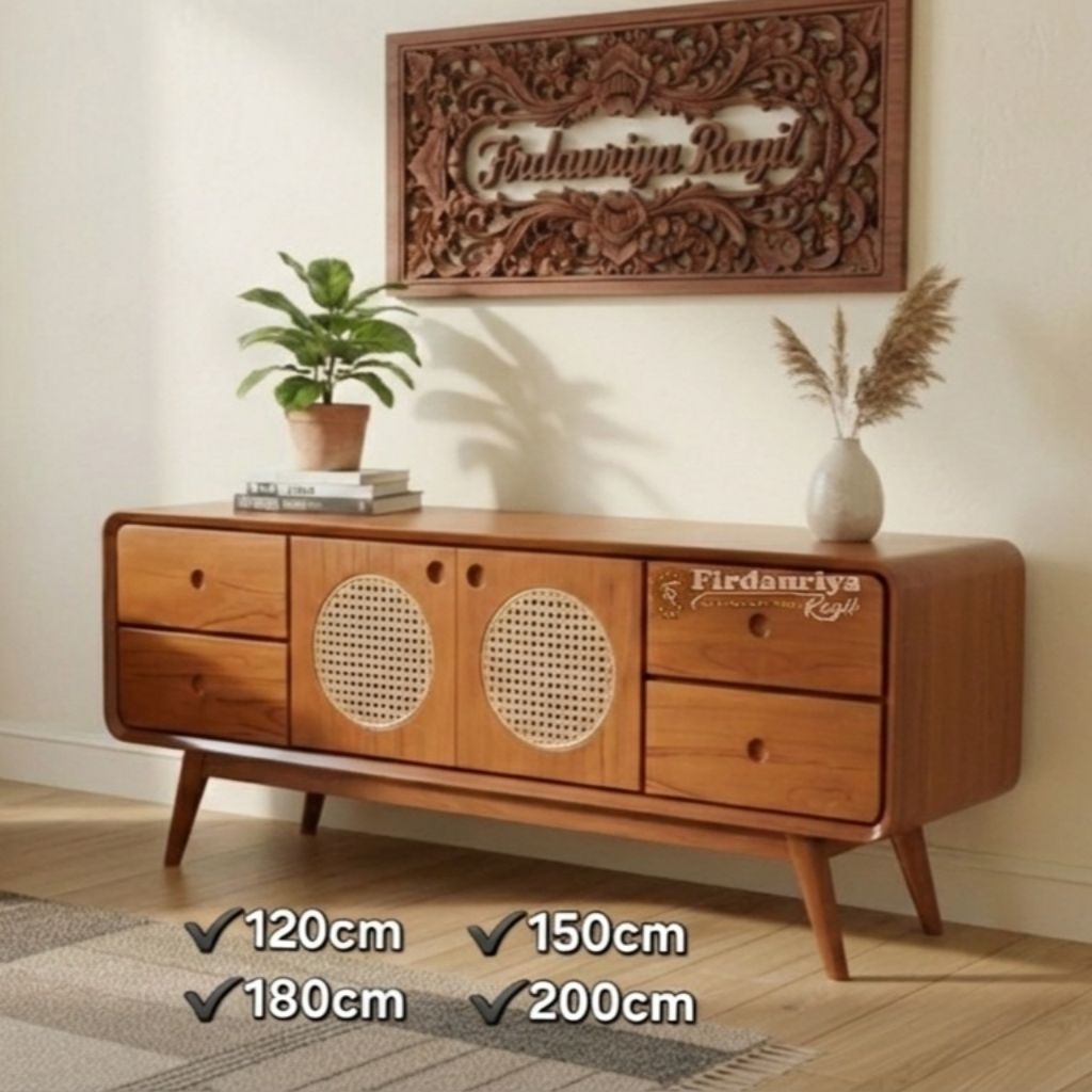 Buffet meja tv 120 150 180 200 cm laci 4 pintu 2 kupu tarung kombinasi rotan alami rattan kayu jati 