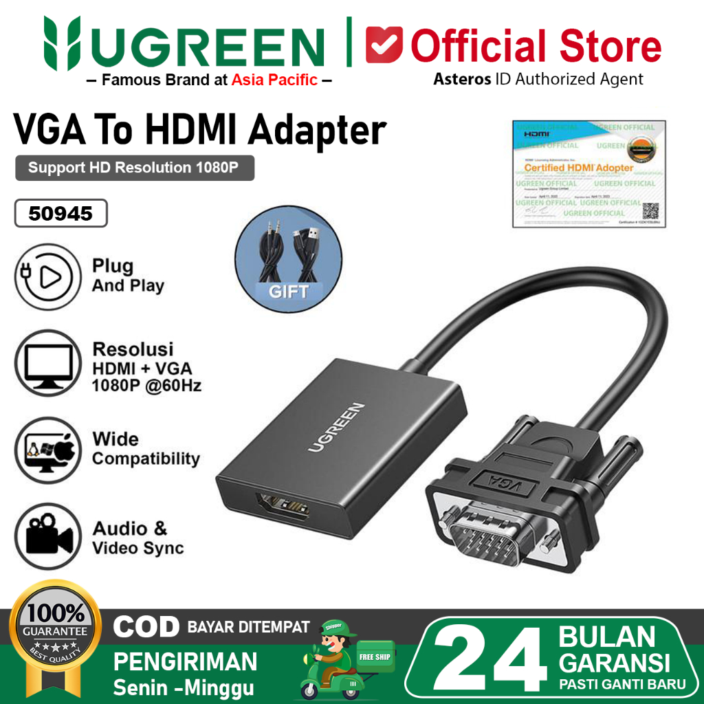 UGREEN Adapter Converter VGA Male To HDMI Female HD 1080p With Audio & Power Supply