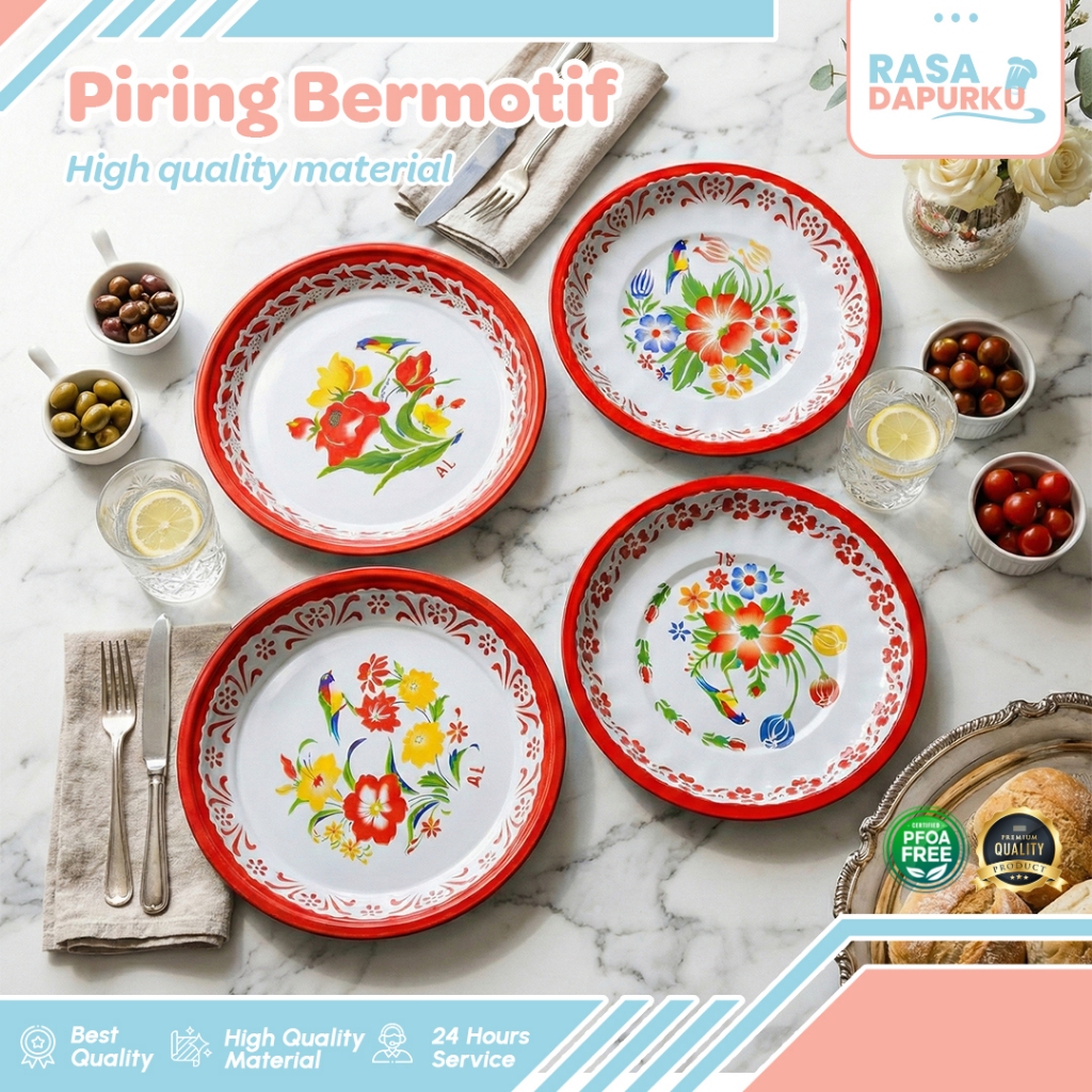 Rasa Dapurku Piring Enamel Motif Bunga Stainless Piring Saji Vintage Alat Makan Jadul Anti Karat SD0