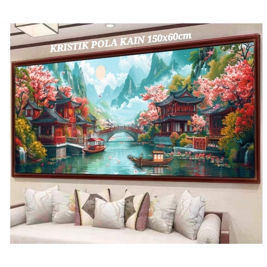 DIY paket kristik pemandangan taman sakura bunga japanese rumah dan gazebo pola kain cross stitch ki