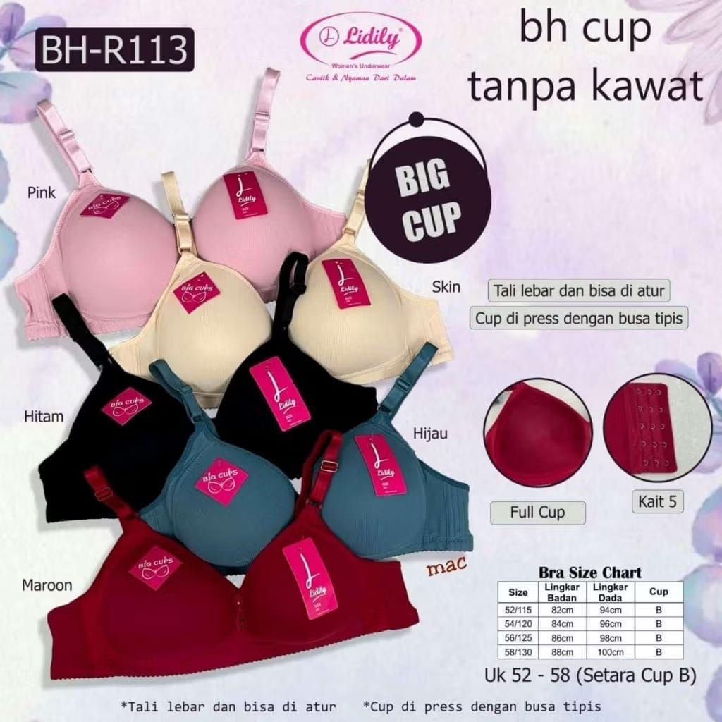 LIDILY BRA R 113 JUMBO TANPA KAWAT BUSA TIPIS CUP D-E SIZE 52 54 56 58