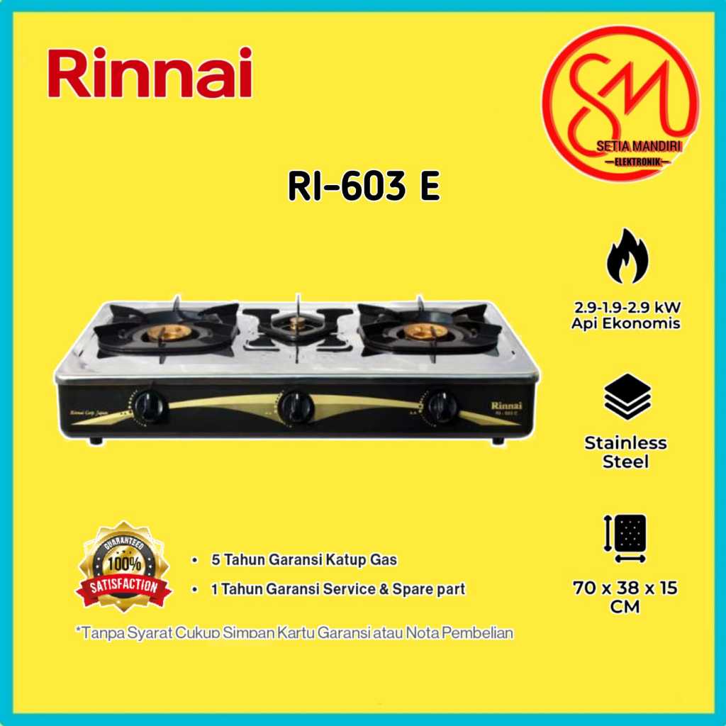 Kompor Gas Rinnai RI-603E 3 Tungku Hitam Stainless Steel