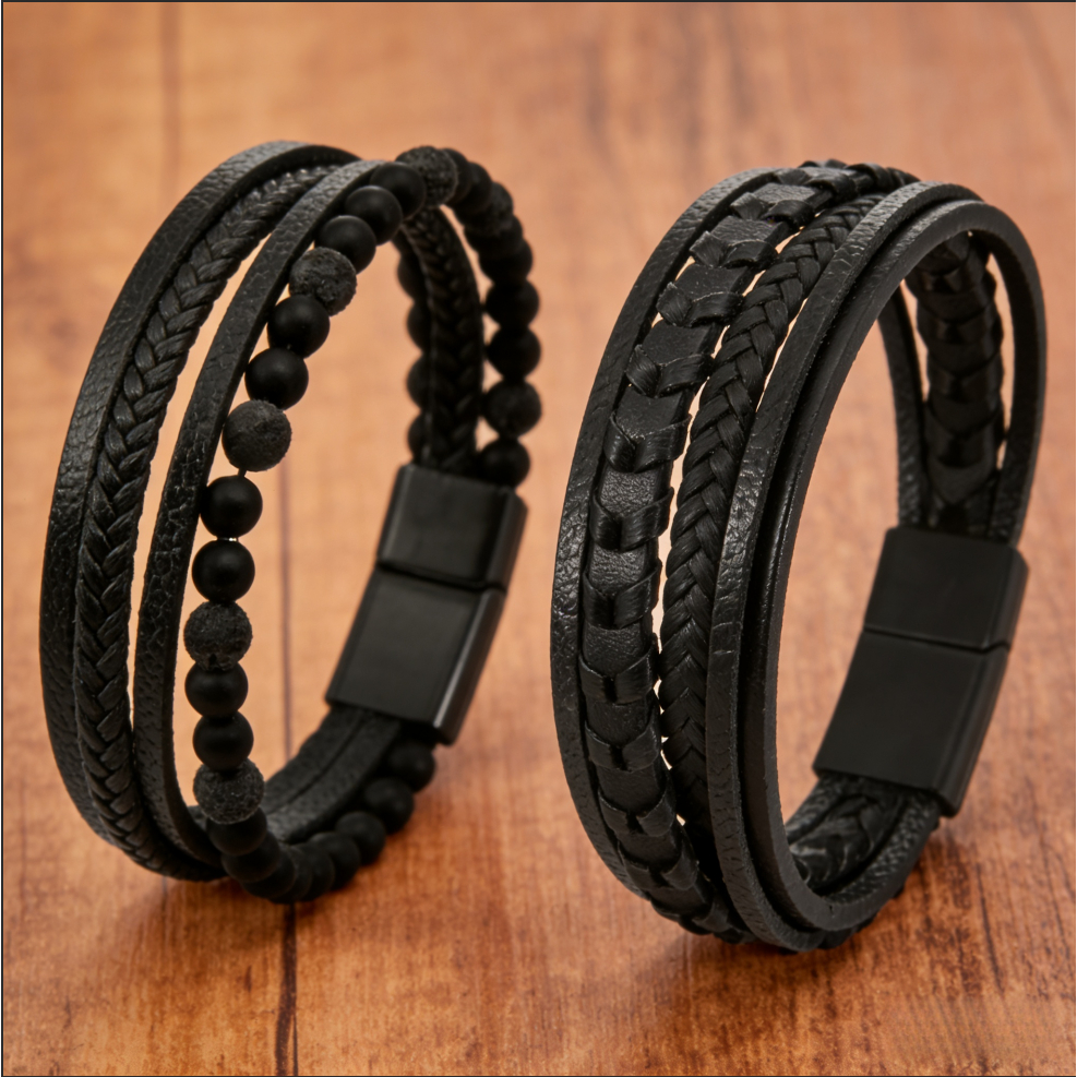 Gelang kulit anyaman hitam coklat 19cm/21cm/23cm baja titanium Gelang batu mata harimau Aksesori pri