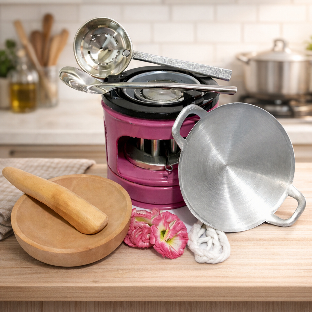 Set Mainan Masak Tradisional Kayu Besi Anak Kompor Sutil Wajan Cobek Ulekan