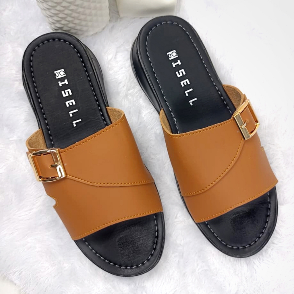 Gizello | Sandal Wanita Wedges / Hak Rendah Aksen Gesper Elegant Sandal Kulit Sintetis Premium by Gi