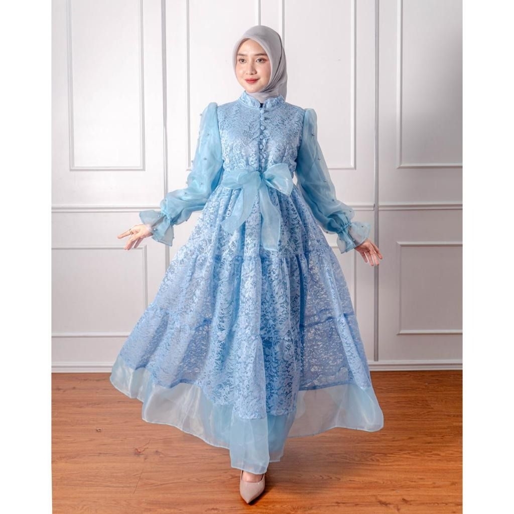 MONA - Gamis / Baju Muslim / Dress Brukat Mewah Mutiara Busui jumbo M L XL XXL warna biru muda langi