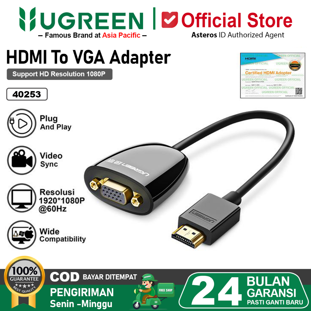 UGREEN Kabel HDMI To VGA Converter Proyektor Up To 1080P 40253