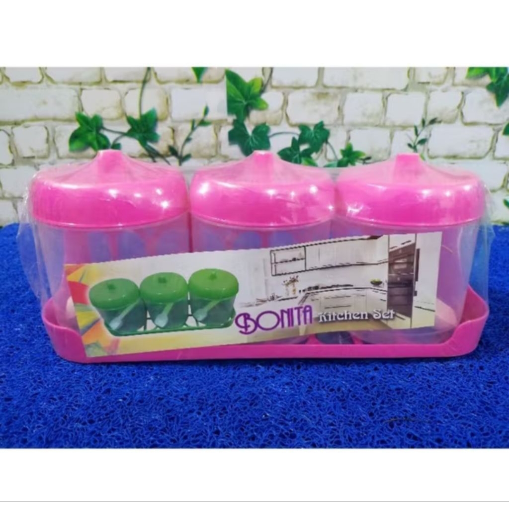 Rak Bumbu Isi 3 pcs Toples BONITA Set Rak Bumbu Tempel Dinding / Tempat Gula Teh Kopi Garam ( BELI  
