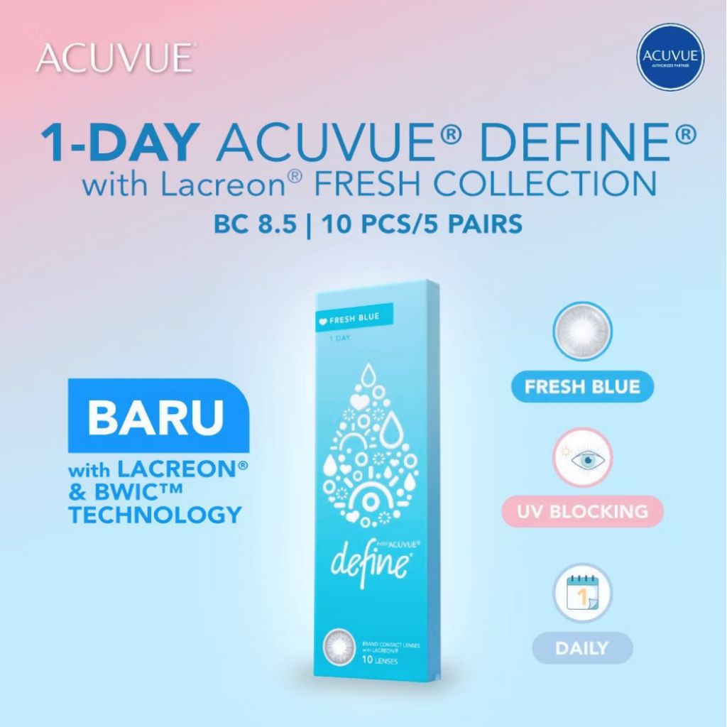 ACUVUE 1 DAY DEFINE FRESH BLUE with LACREON 5 Pairs / 10 pcs Minus 7 / Lensa Kontak / Soflen Harian 