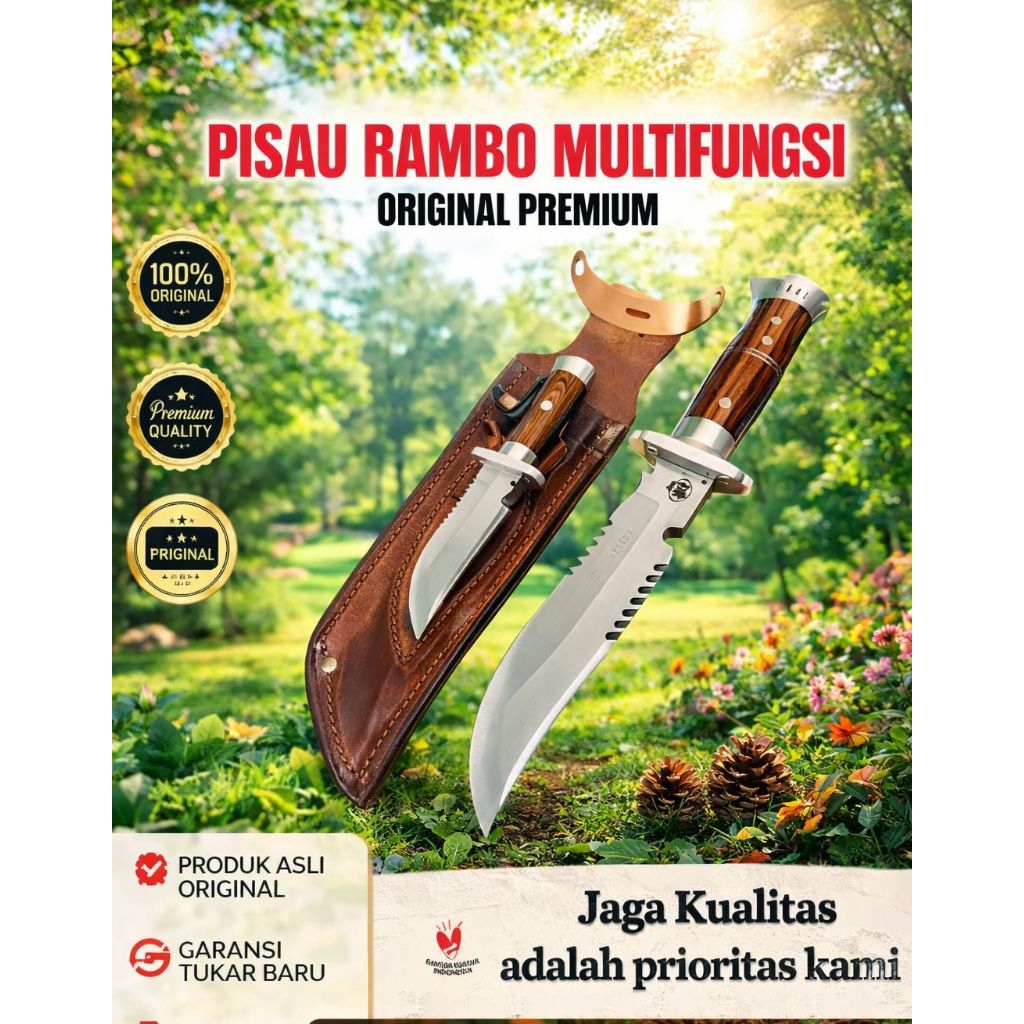 Pisau Rambo Set Beranak Original Premium – Pisau Survival Besar & Kecil dengan Sarung Kulit Tebal | 