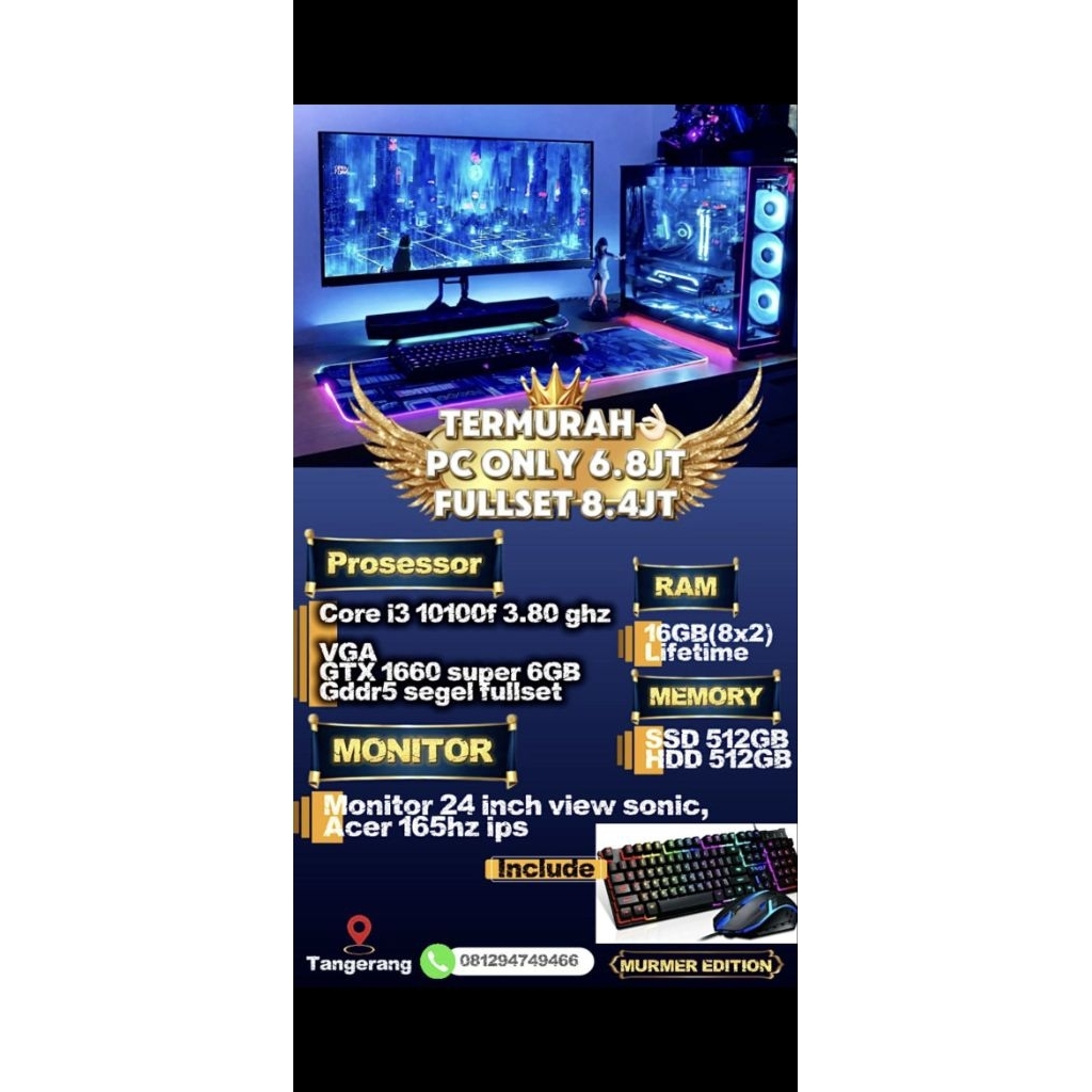 TERMURAH PC Fullset Pc Rakitan Editing Pc Murah core i3 10100f 3.80Ghz Ram 16GB GTX 1660 Super 6GB G