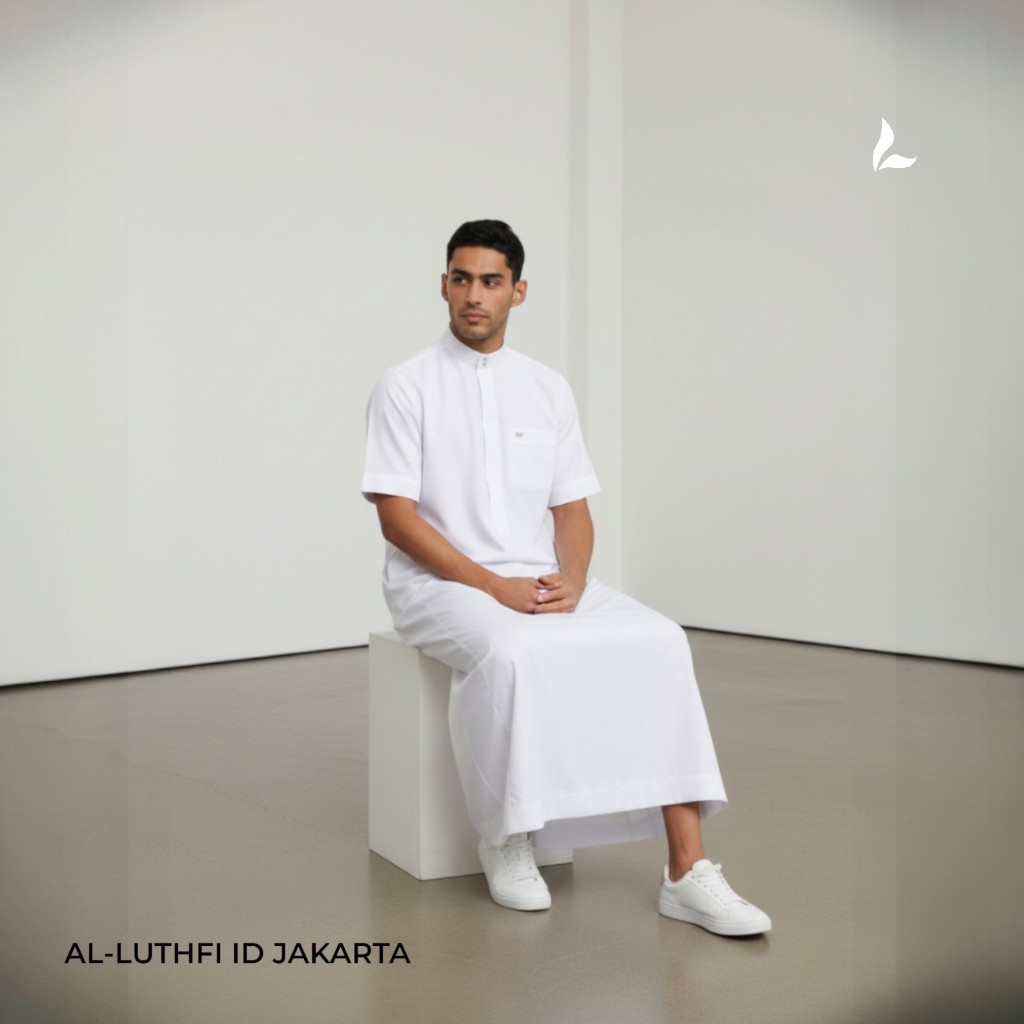 AL-LUTHFI Gamis Pria Lengan Pendek Warna Putih Premium - Jubah Pria Dewasa