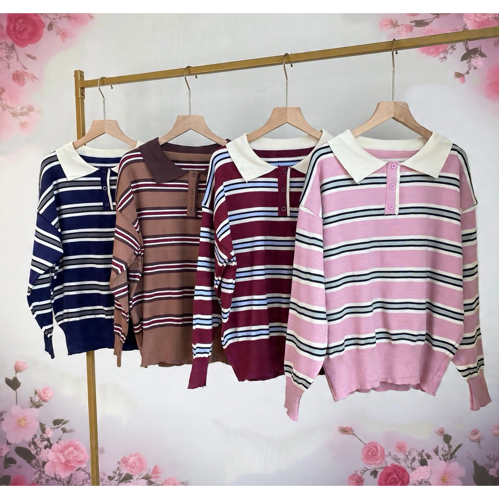 Long sleeve polo knit with stripes