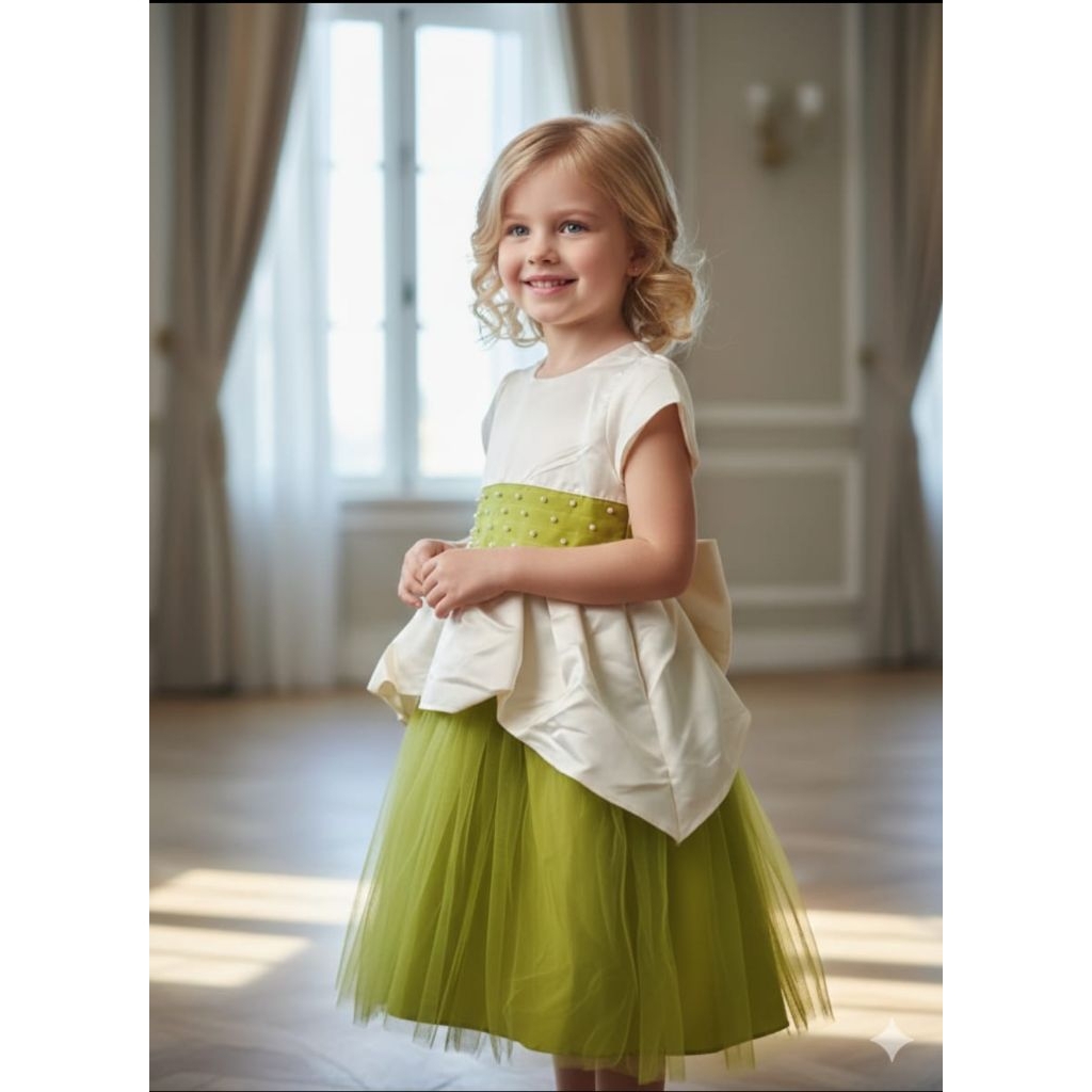 Gaun Satin Hijau Sage Anak Perempuan/Dress Anak Pesta Hijau/ Gaun Fashion Anak Perempuan Tile Hijau/