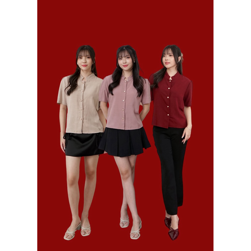 Kalya Top - Atasan Blouse Button Wanita - Atasan Basic Casual Cewek Kancing Depan Cotton Import