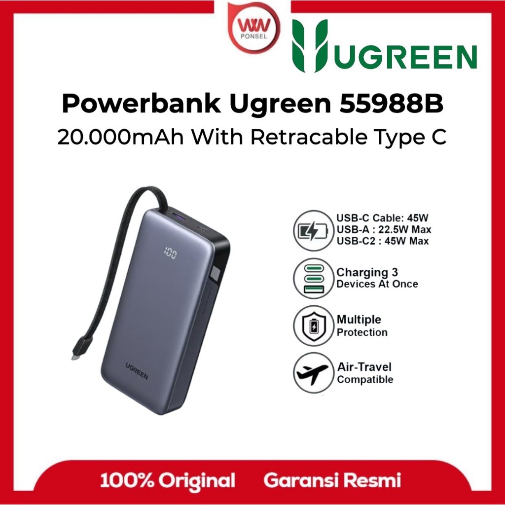 UGREEN 55988B Powerbank 20000mAh Built In Cable Type C 45W Fast Charging