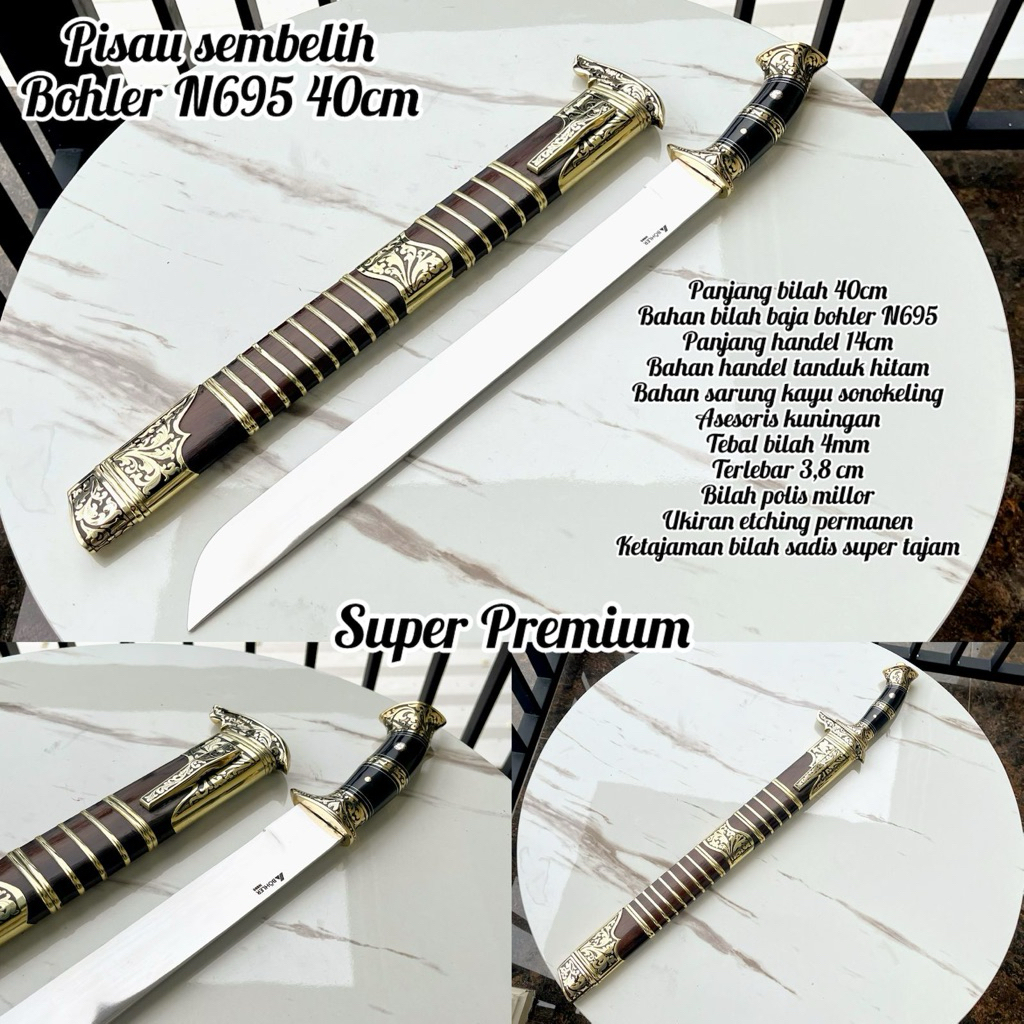 Pisau sembelih baja bohler N695 Panjang 40 cm Sarung kayu sonokeling FREE STROPING KULIT