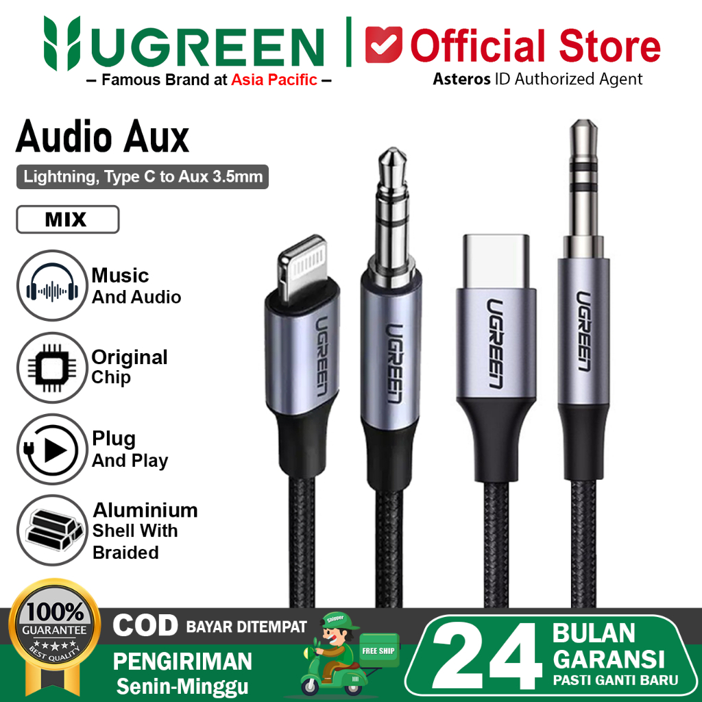 UGREEN Kabel Lightning & Type C To Audio Jack 3.5mm Male For iPhone Android Headset Speaker Mobil