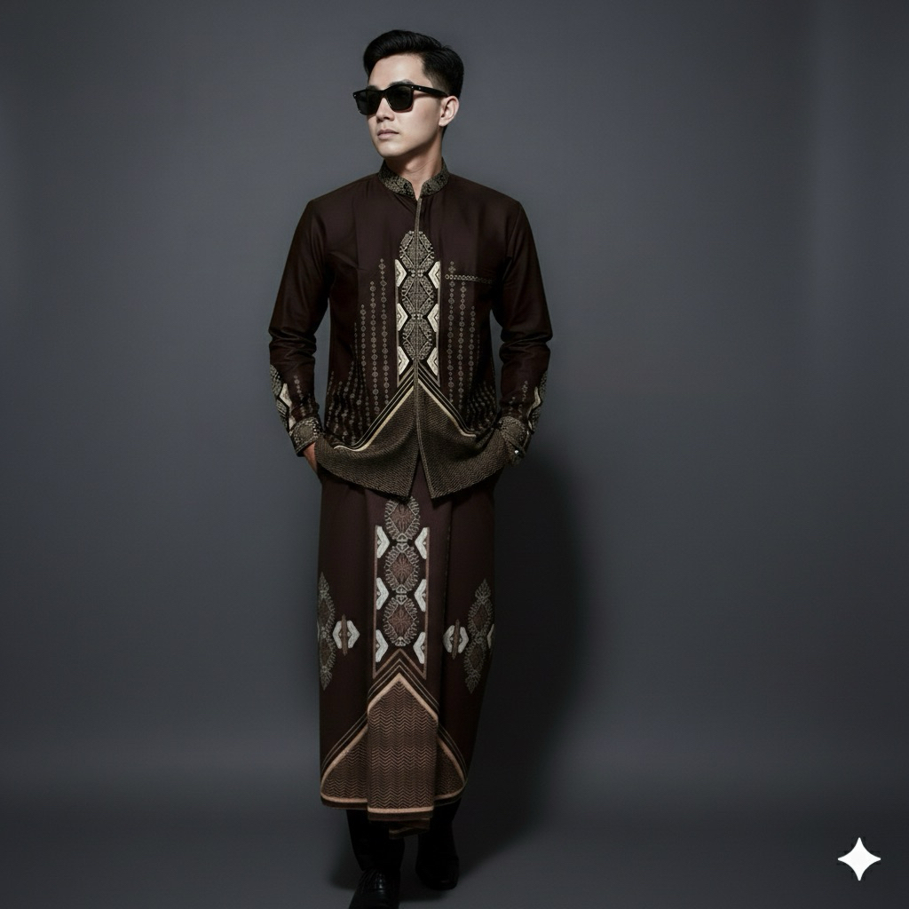 Setelan Koko Pria Slimfit Lengan Panjang & Sarung Batik Mewah