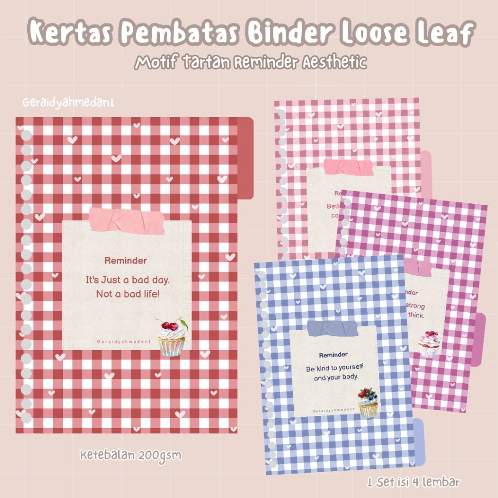 Kertas Pembatas Binder Loose Leaf A6 A5 B5 Motif Tartan Reminder Aesthetic