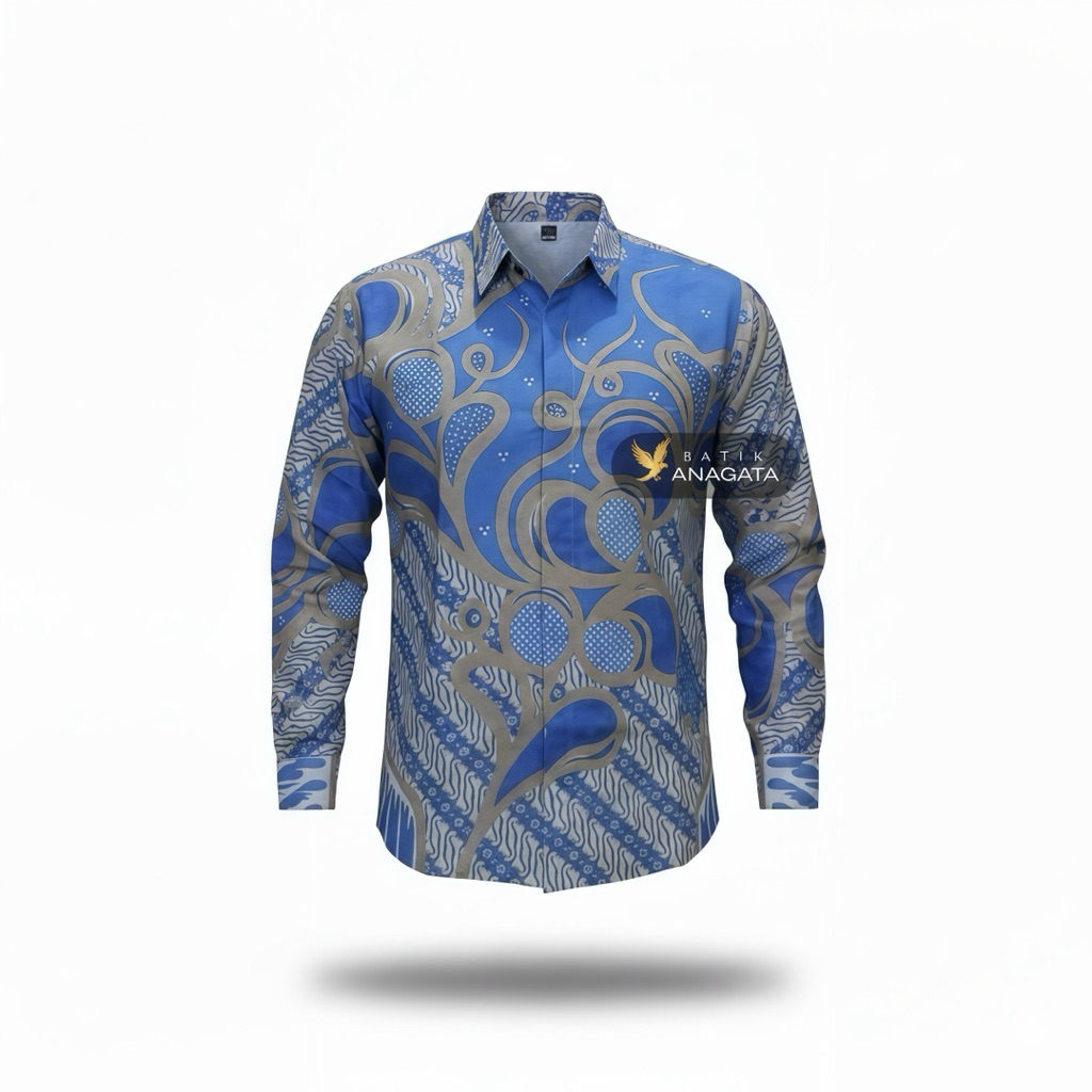 Batik Anagata | Kemeja Batik Premium Motif Ulir Biru Warna Emerald Blue Elektrik Lapis furing Baju B