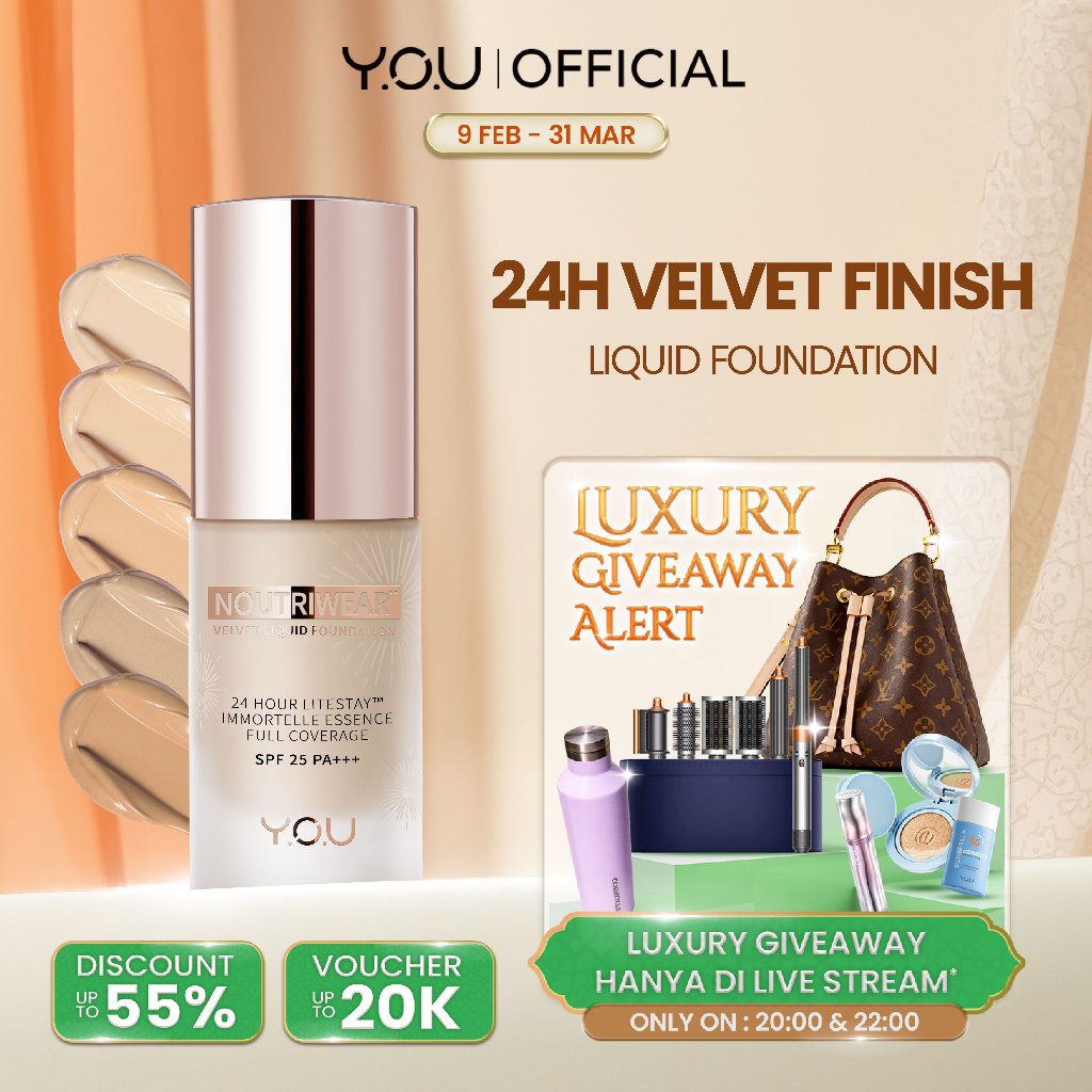 YOU 24H NoutriWear+ Velvet Liquid Foundation SPF Alas Bedak Perawatan Wajah Tahan Lama 24 Jam Full C