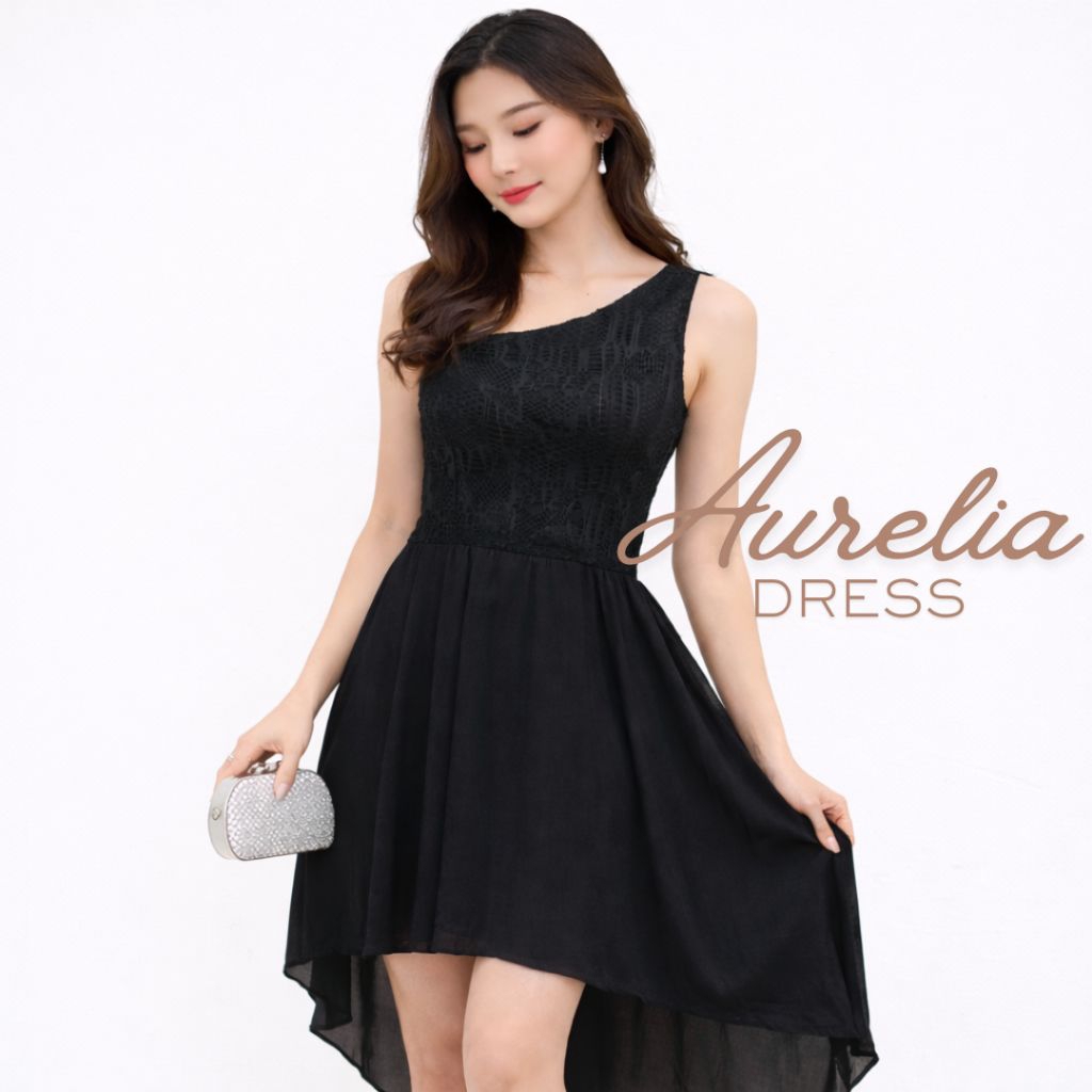AURELIA Dress One Shoulder Hitam Putih Polos Dres Baju Terusan Wanita Brokat