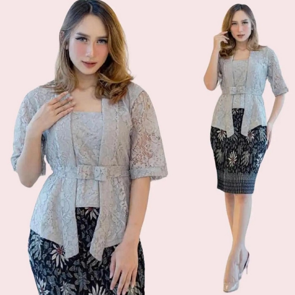 Setelan Kebaya Wanita Model Kutu Baru Lengan Pendek Bahan Brokat Premium Warna Silver