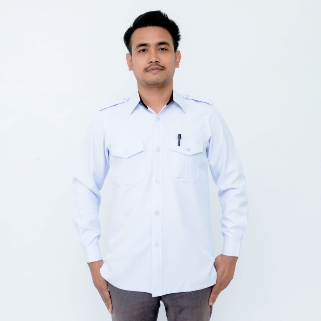 Kemeja PDH Putih Pria Premium Lengan Panjang Bahan Semi Wooll Adem Lembut Ukuran S-XXL