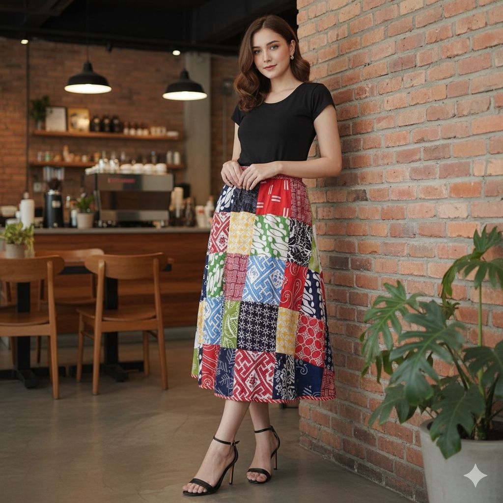 Rok Batik Patchwork Lapisan Furing Tricot Rok Klok Rok Payung Rok Lilit Batik Kerja Kantoran Batik M