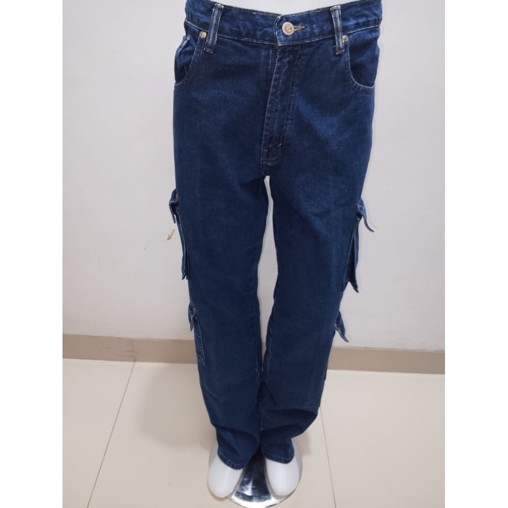 celana cargo jeans pria standar Reguler terbaru blue denim