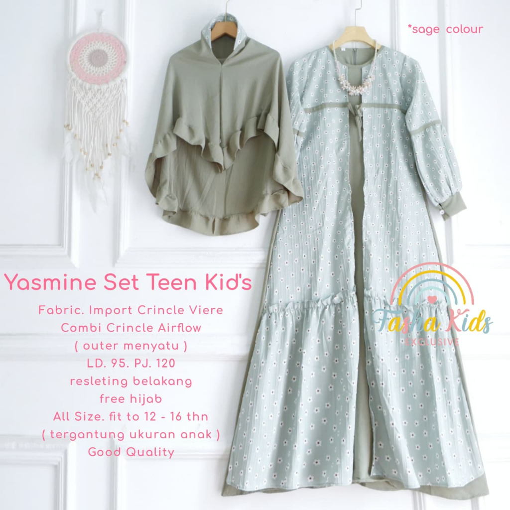 Yasmine Set Setelan Gamis Outer Anak Remaja Syar'i Polos Motif Bunga Original Fasha Kids Exclusive B