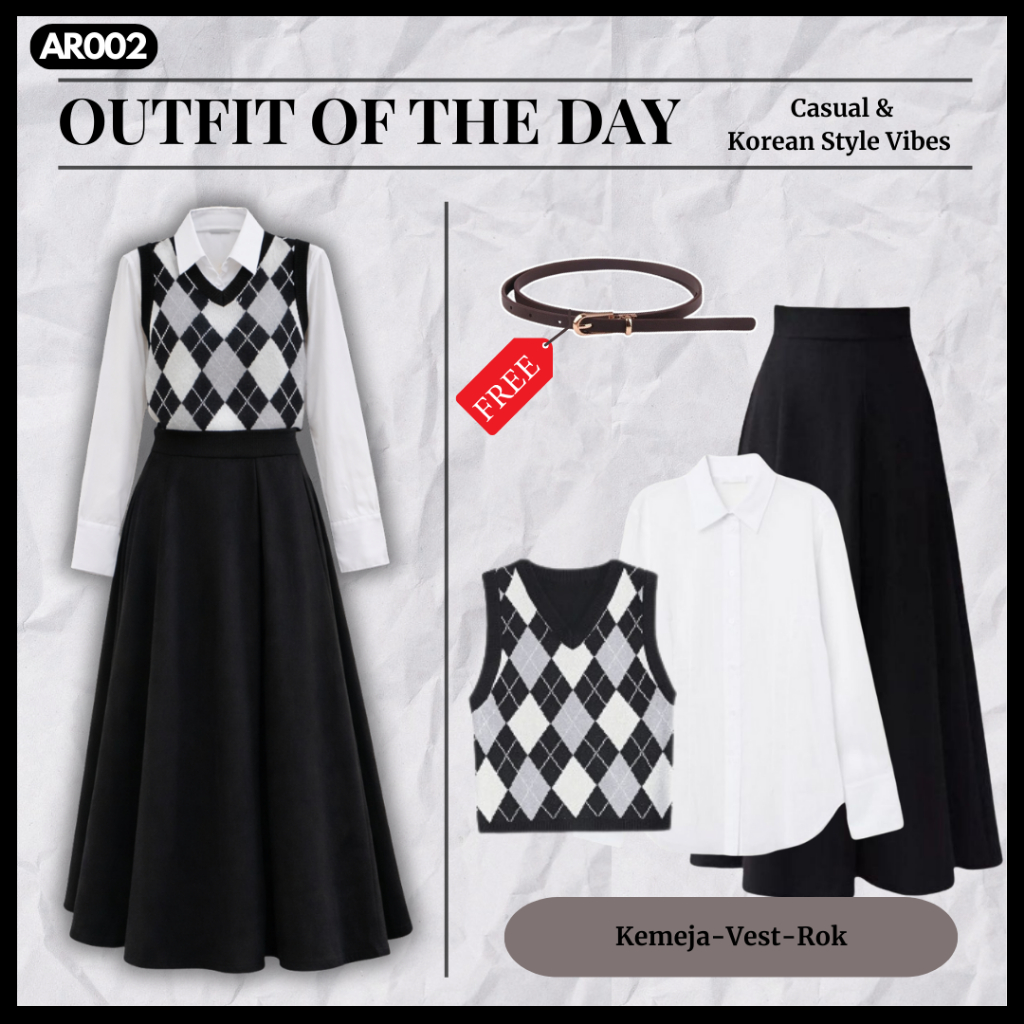 Baju OneSet Wanita Korean Dress OOTD Kekinian | Kemeja Putih | Vest Diamond | Rok Hitam | AR002