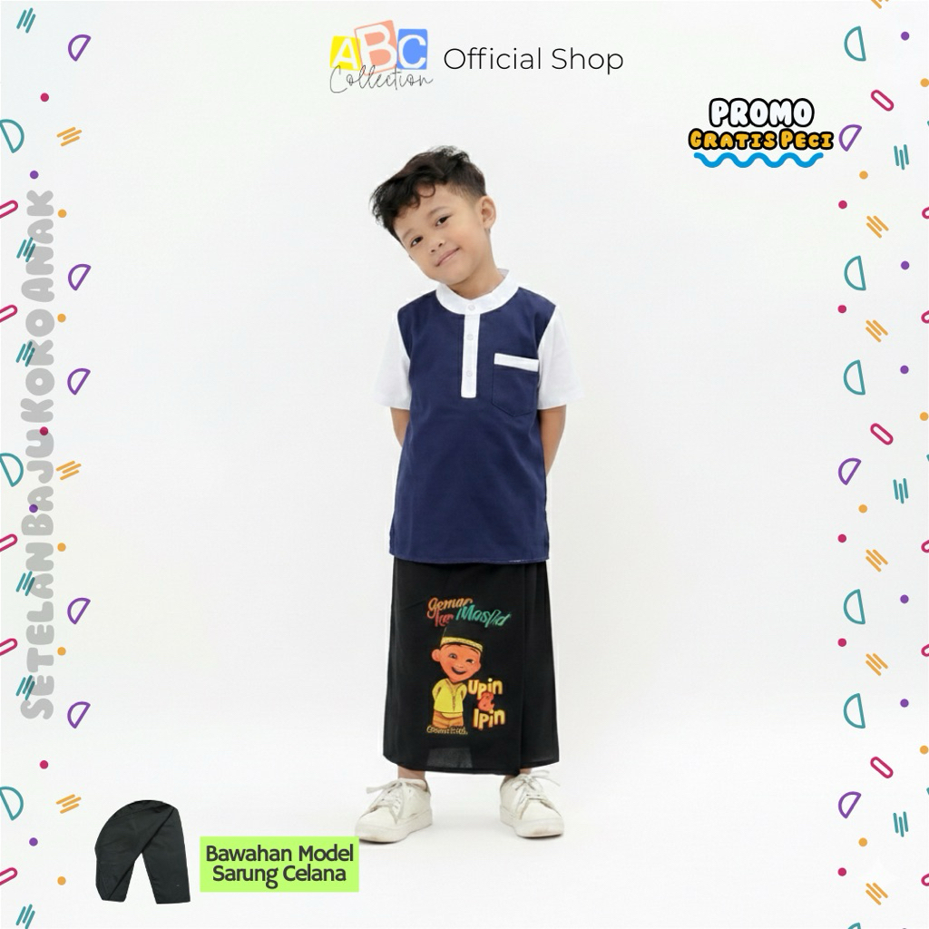 Setelan Koko Anak Bergambar Sarung Celana Baju Koko Anak Balita Karakter Upin-Ipin Usia 2-10 Tahun