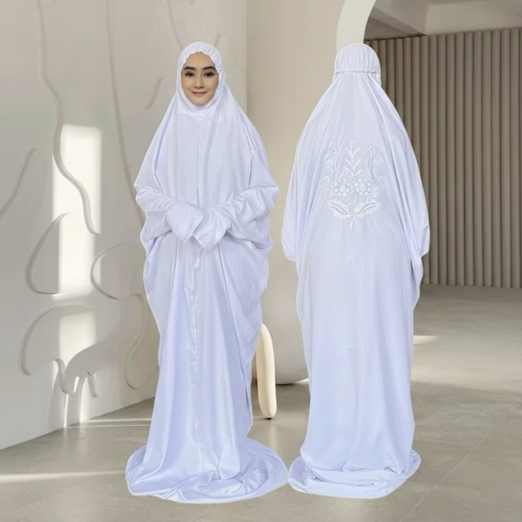 Mukena Khadijah, Mukena Putih Polos Terusan Dewasa - Mukena Langsungan Standart Syar’i Lajuran Santr